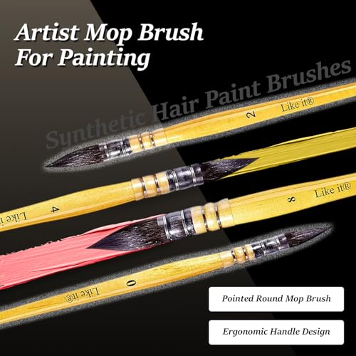 Image of Like It Artist Mop Brush Set of 4-Synthetic Hair Pointed Round Mop Paint Brushes for Watercolor, Acrylic & Gouache-Professional Art Painting Brushes for Artists,Beginners & Hobbyists with BrushHolder