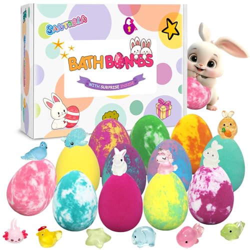 Easter Bath Bombs for Kids with Toys Surprise Inside 12 Pack Kids Bath Bombs Easter Basket Stuffers Gift for Girls Boys Bubble Bath Fizzy Dinosaur Egg for Kids Birthday