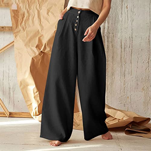 Huankd Cargo Pants Women, Plus Size Pants For Women, Women's Work Pants High Waist Pants Pink Women's Fashion Solid Color Casual Button Cotton Linen Wide Leg Pants Clothes Camo Boyfriend (5Xl, Black) #TOP3