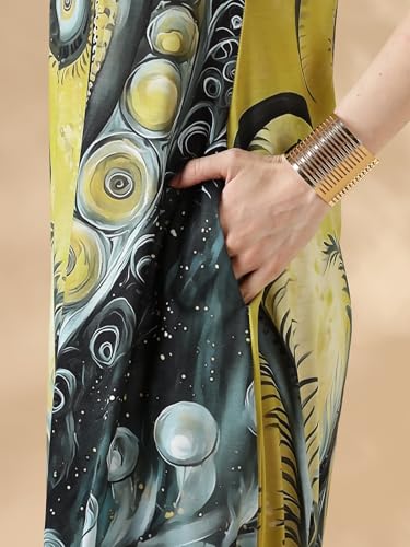 Image of HELLCAT Womens Floral Printed Olive Shoulder Straps Dress | Western A-Line V Neck Midi Dress for Womens