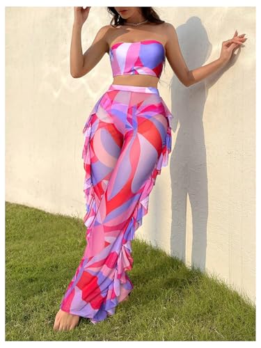 Milumia Women's 3 Piece Swimsuit Boho Geo Print Bandeau Bikini Set with Ruffle Trim Long Pants3