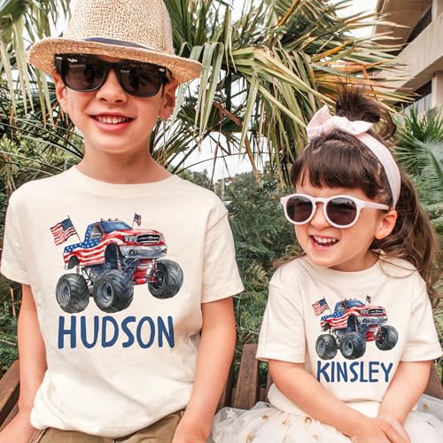 Personalized Boys 4th of July Shirts - Custom Name Patriotic Monster Truck American Flag Independence Day T-Shirt - Natural Boys & Girls Toddler, Youth Clothing4