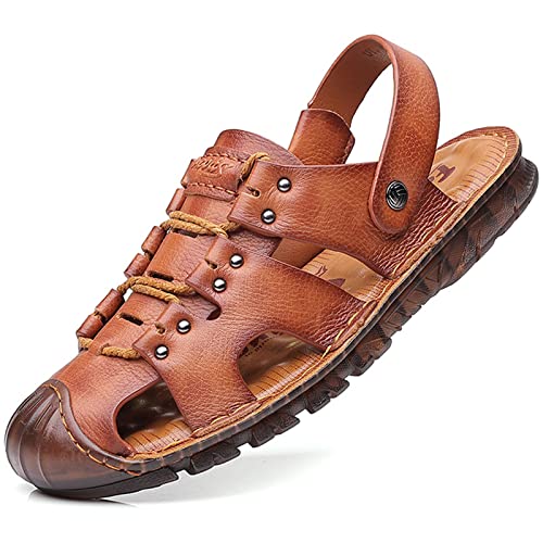 Men's Closed Toe Leather Sandal, Summer Outdoor Adjustable Fisherman Water Sandals, Walking Casual Sandals