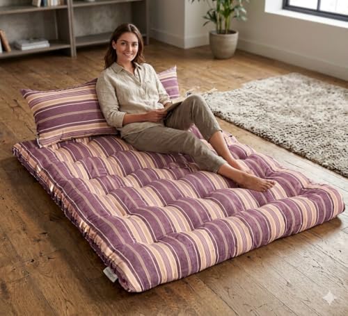 Image of Double Mattress Bed Foldable Floor 4 x 6 Feet 10 KG White Cotton Rui Gadda (White and MEehroon Lining, Double)