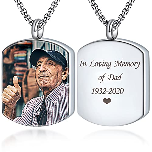 Personalized Custom Engraving Photo & Text Cremation Jewelry Urn Necklace for Ashes Keepsake Memorial Pendant with Funnel Kit (Dog Tag-Silver-Full Color)