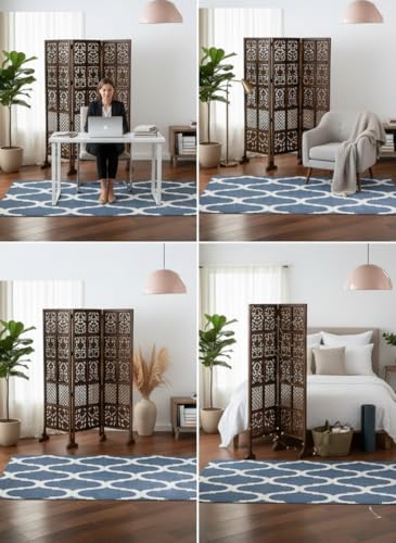 Image of Wooden Room Divider Screen | Hand Carved Partition Panel for Living Room Bedroom Office Hallway | Foldable Privacy Separator Three Panels with Stands | Home Decor Accent