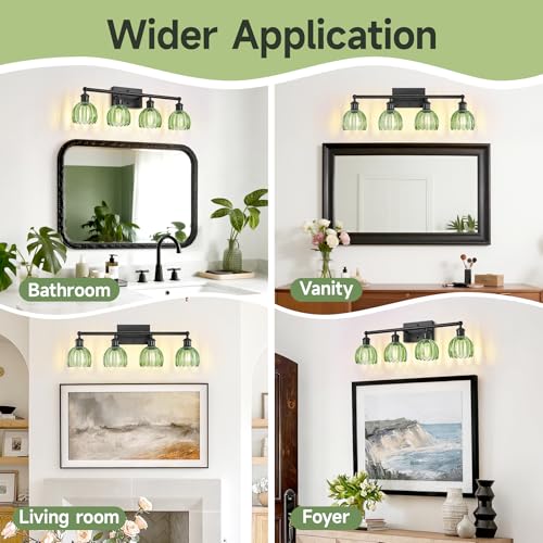 Image of Vanity Lighting Fixtures,4 Light Bathroom Vanity Light,Black Bathroom Light Fixtures Over Mirror,27.2 in Vintage Sconce with Green Tulip Glass Shade for Bedroom,Dressing Table, E26 Base