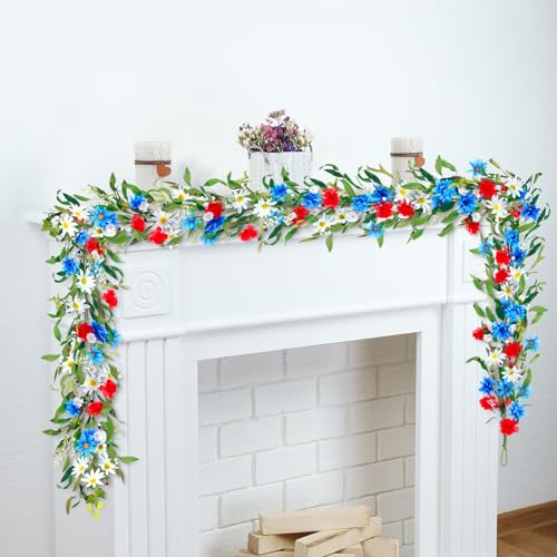 Image of XunYee 2 Pcs 6 ft 4th of July Patriotic Garlands for Mantle, Red White Blue Flower Garland Decorations for Memorial Day 250th Anniversary Independence Day Mantel Door Table Fireplace Tree Stairs
