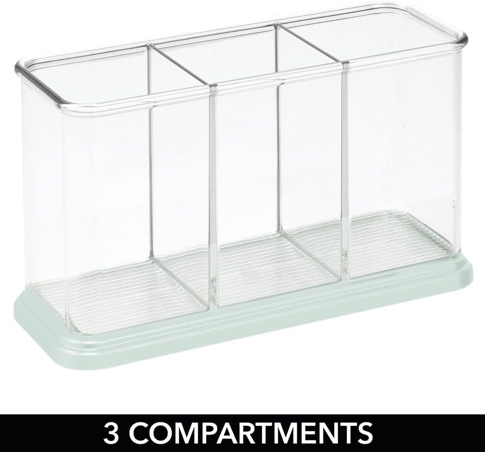 mDesign Plastic Makeup Organizer Caddy Bin with 3 Sections for Bathroom Vanity Countertops or Cabinet: Stores Makeup Brushes, Eye and Lip Pencils, Lipstick, Lip Gloss, Concealers - Clear/Mint Green