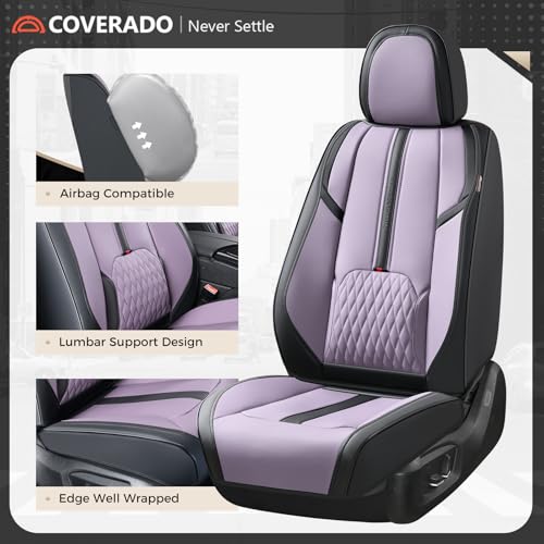 Image of Coverado Front Seat Covers, 2 Pack Waterproof Seat Cover for Cars, Faux Leather Seat Covers with Lumbar Support, Car Seat Protectors Driver Car Seat Cushion Universal Fit for Most Cars (Black&Purple)