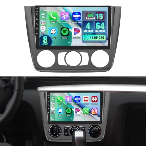 Hikity Android 15 8 kärnor 4+64 GB bilradio för BMW 1-serien E81 E82 E87 E88 2004-2012, trådlös CarPlay Android Auto, 9-tums skärm, bluetooth, GPS, wifi, SWC, USB typ-C, DSP