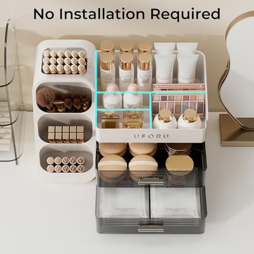 Image of UFORU Makeup Organizer for Vanity with Brush Holder, Large Capacity Bathroom Countertop Skincare Organizer with 2 Drawers, Cosmetic Display Case for Perfumes, Eyeshadow Palettes, Nail Polishes