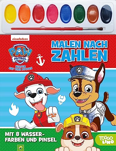 PAW Patrol Malen nach Zahlen - Mit 8 Wasserfarben und Pinsel: Malspaß und Zahlentraining für Kinder ab 4 Jahren für Kita und Vorschule: Malbuch, 8 Wasserfarben und Pinsel in einem Set