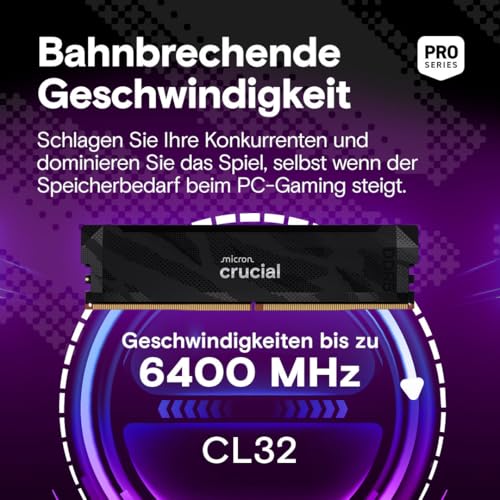 Crucial Pro DDR5 RAM 32GB Kit (2x16GB) 6400MHz CL32, Gaming PC Arbeitsspeicher, Intel XMP 3.0 / AMD Expo, Schwarz - CP2K16G64C32U5B