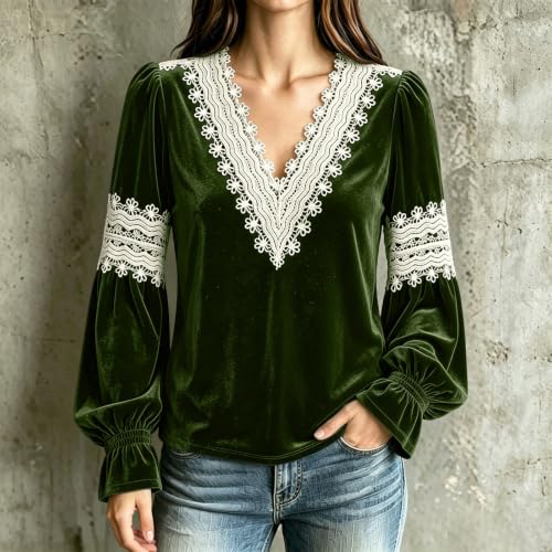 Velvet Tops for Women Dressy Long Sleeve Lace V Neck Blouse Army Green - image 5