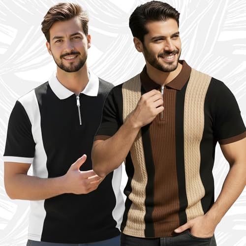 Image of AUSK Men's Textured Vertical Striped Knit Polo T-Shirt | Half Sleeve Zipper Neck Self-Design Casual Tee | Mens Tshirts