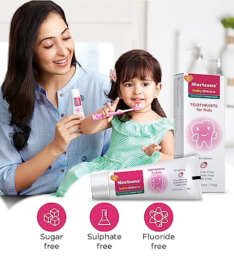 Image of Morisons* babydreams THE CHOICE OF SMART MUMS Kids Strawberry Flavour Toothpaste 50 Gm (Pack Of 2) & Baby Premium Oral Care Toothbrush With Soft Bristles (Pack Of 2) - Manual