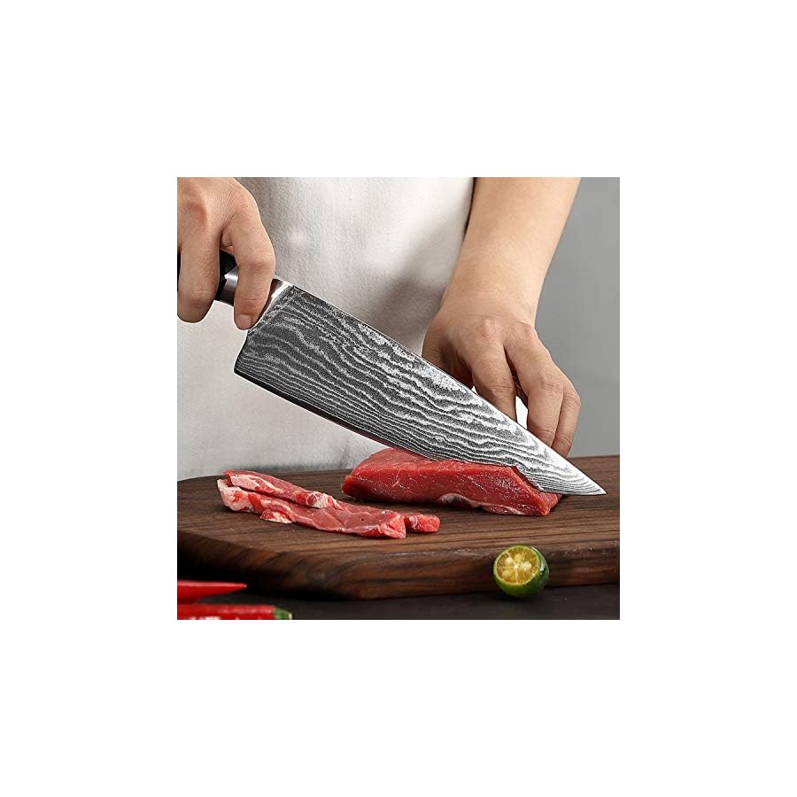 Damascus Kitchen Knife Sets, 9 Pieces Kitchen Knives Set with Block, ABS Ergonomic Handle for Chef Knife Set, Knife Sharpener and Kitchen Shears, Knife Block Set