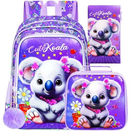 Image of CCJPX 3PCS Backpack for Girls, 16 inch Koala Preschool Bookbag with Lunch Box,Kids Water Resistant School Backpacks for Elementary Kindergarten