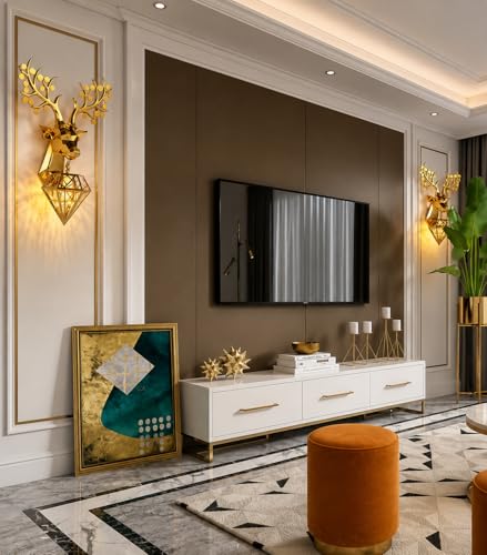 Image of Modern Metallic Golden Deer Wall Sconce with Diamond Cage Light, Metal Wall Art, Antler Design, Decorative Wall Lamp for Living Room, Bedroom, Home, Hotel, Cafe with Filament Bulb (Deer)