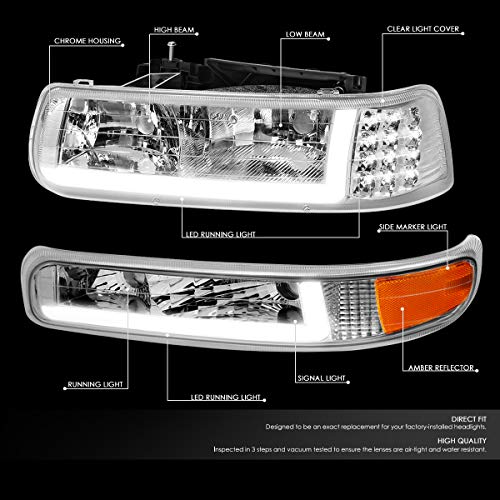 Image of DNA MOTORING Pair Headlight Assembly Compatible with 99-02 Silverado 1500 2500 /01-02 Silverado 1500 2500 HD, w /LED Daytime Running Light Bar, Chrome /Amber, HL-LB-CSIL99-CH-AM