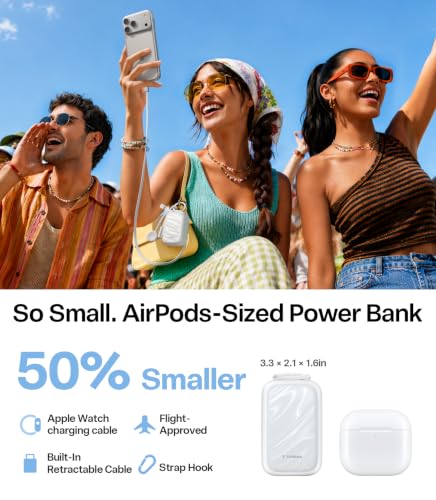 Image of TORRAS PearlGo Power Bank, 45W Fast Charging 10000mAh Portable Charger with 2.3 ft Retractable Built-in USB-C Cable and Watch Charger, Travel Battery Pack for iPhone 17 /16 /15 Series, Samsung, White