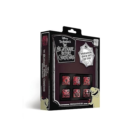 USAOPOLY Nightmare Before Christmas Premium Dice Set | Collectible d6 Dice | Red & Black Custom Dice with Collectible Tin Case | Officially Licensed Disney 6-Sided Dice (AC004-291-002000-12)
