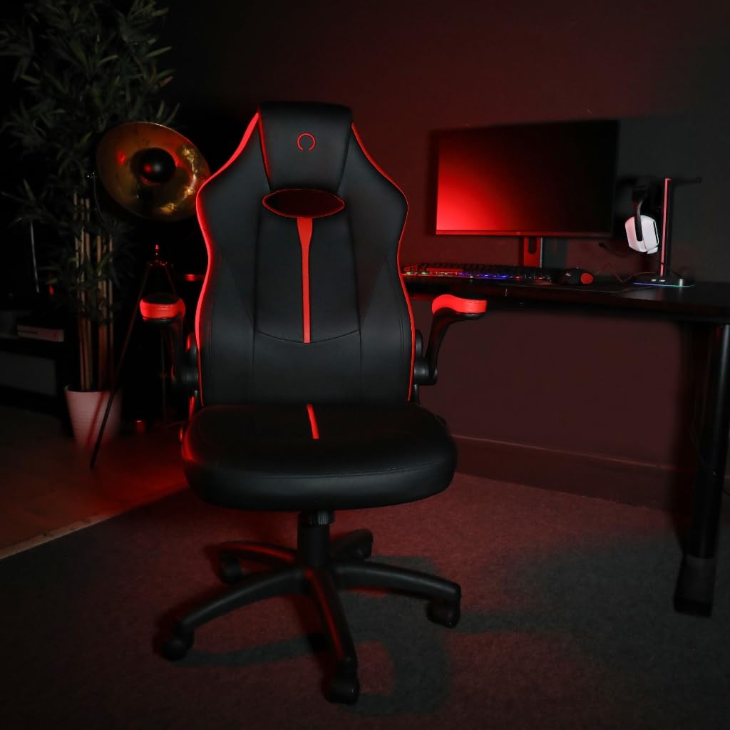 Konix Silla de oficina gaming Omega - Inclinación del asiento de 15° - Revestimiento de cuero sintético PVC - Negro y rojo
