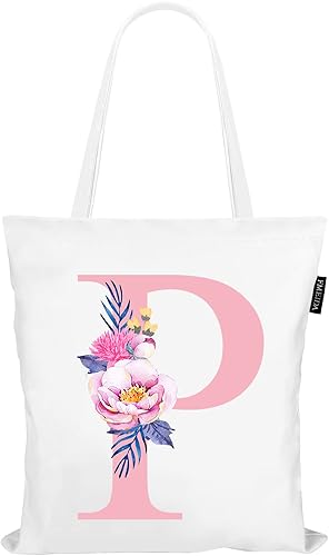 Fmeida Regalos personalizados de cumpleaños para amigas, bolsa grande con iniciales florales, estética, bolsa de playa de lona, dama de honor,