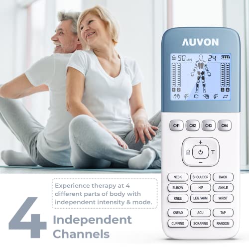 Auvon 4 Outputs H1 Tens Unit 24 Modes Muscle Stimulator For Pain Relief, Rechargeable Tens Ems Machine With Easy-To-Select Button Design, 2X Battery Life, Dust-Proof Bag And 8 Electrode Pads (Blue) #TOP4