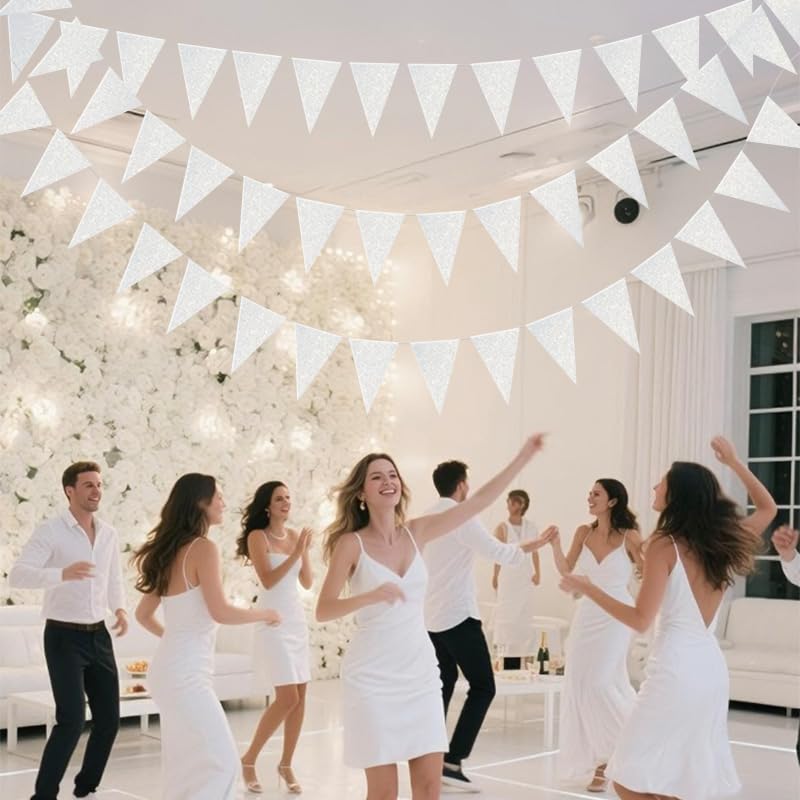 Image of White Hanging Triangle Flag Pennant Garland White Hanging Paper Pennant Streamer Paper Triangle Flag Bunting Banner for Graduation Wedding Engagement Birthday Party Decorations 30 Feet