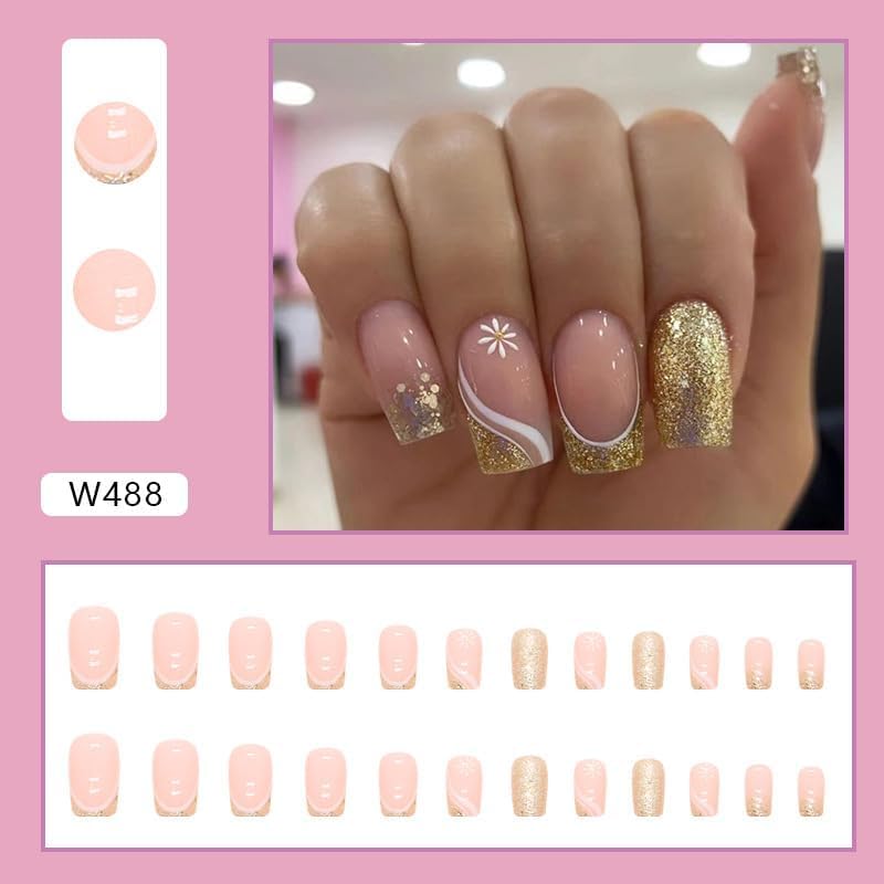 Image of Fashionharbour 24 Reusable Artificial Fake Nail Set| Lightweight & Long Lasting| Easy To Use| Quick Fix For Festivals & Special Occasions (w488)