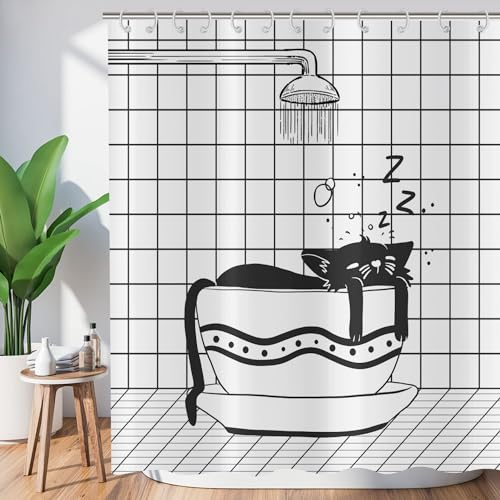 ASDCXZ Funny Shower Curtain 180x180 cm, Modern Black White Bathroom Funny Cat Sleep Washable Bath Shower Curtains Polyester Textile Waterproof Shower Curtain for Bathtub with 12 Hooks - Image 2