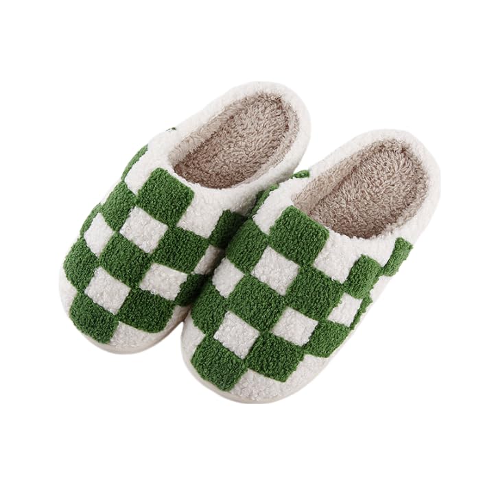 Generic Checkered Slippers for Women Men House Slippers Funny Fluffy Slippers Winter Shoes Outdoor Indoor Warm Plush Bedroom Slippers Green 37-38