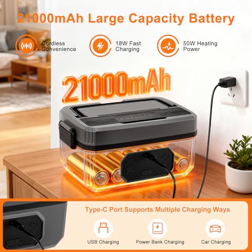 Cordless Electric Lunch Box for Adults, 21000mAh Rechargeable Self Heating Lunch Box 1.2L Portable Food Warmer with Scheduled Heating & Adjustable Heating for Office Car Travel Camping Outdoor — view 5