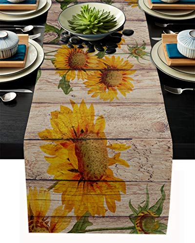 Linen Burlap Table Runner 13x90 Inches Long Sunflower on Rustic Wood Plank Country Theme Farmhouse Table Cloth Dresser Scarf