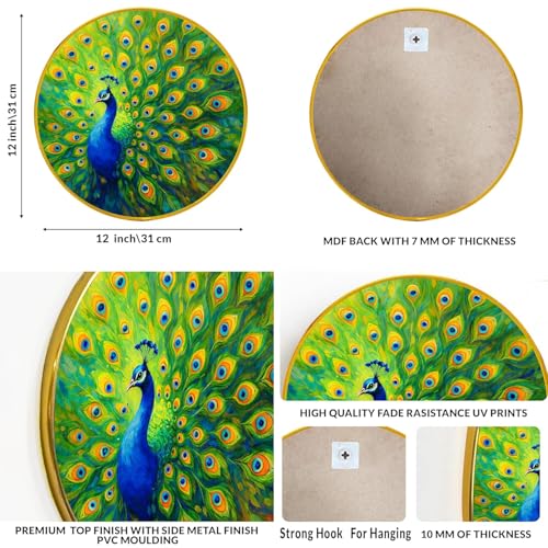 Image of Peacock Round Wall Art Painting With Frame For Living Room| Vastu-Inspired Wall Art Framed Painting | Round Artistic Wall Hanging for Home, Bedroom, Office & Gifting, 12 Inch