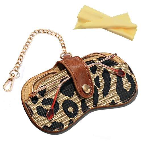Image of Eyewear Clutch Glasses Case with Clip Soft Leather Sunglasses Bag | Leopard, Plaid, Ultra slim for purse, Portable for travel trip, Easier to access eyeglass, Magnetic button, Cleaning cloth
