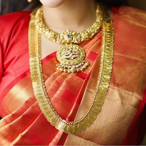 Image of VAMA FASHIONS 1 Pcs 18K Gold Plated Traditional Lakshmi Kasu Coin Long Necklace Kasu Mala Haram South Indian Temple Bridal Wedding Jewellery for Women & Girls