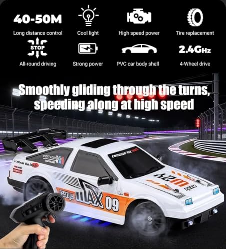 Image of Rc Drift Remote Control Car 1:16 Scale, High-Speed, 4Wd, Led Lights, Rechargeable Racing Car, Drifting Tires, 2.4Ghz, for Kids (1:16 RC Drift - White)