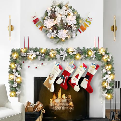 Silver 6 Ft Prelit Christmas Garland with Battery Operated Lights, Waterproof, Suitable for Mantle, Door, Stairs Railing & Table