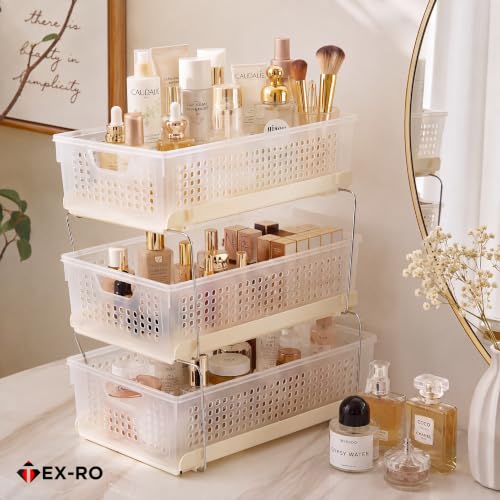 Image of TEX-RO Stackable Storage Baskets Organizer - 2 Tier Multipurpose Plastic Storage Rack with Stainless Steel Support Rods for Bathroom, Vanity, Wardrobe & Under Sink Storage (Clear /Beige)