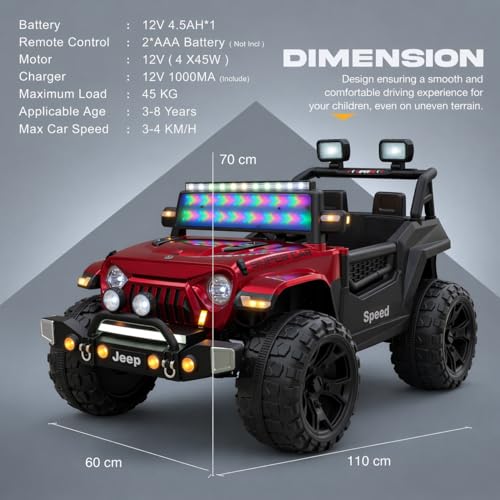Image of kidsROAR Electric Ride-On Jeep for Kids | Remote Control 12V Battery Operated Rechargeable Big Car with LED Lights Music | Boys & Girls Age 3 to 7 Years (RED)
