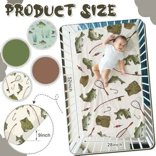 Image of VitalCozy 4 Pcs Gone Fishing Crib Sheet Set Newborn Bedding Nursery Baby Sheets for Girl Boys Baby Gifts for Standard Crib and Toddler Mattresses, 52 x 28 x 8 Inches