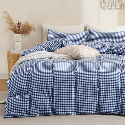 Image of TOCOMOA Navy Blue Gingham Duvet Cover Bedding Set 100% Washed Cotton Like Linen Feel Super Soft Comfy 3 Piece Dark Blue Plaid Checkered Comforter Cover Set (King 104 inchx90 inch, Comforter Not Included)