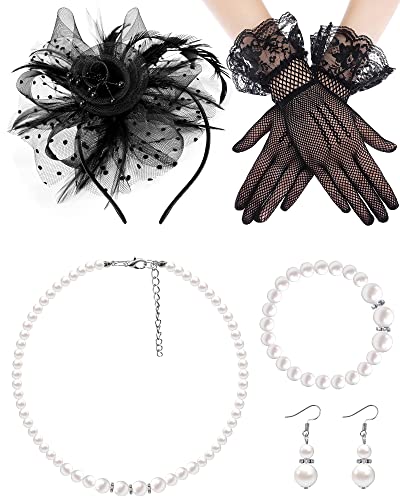 Bniksok FASCINATOR HEADBAND 1920S Black Fascinators Hat Set For Women Tea Party Headband Lace Gloves Pearl Jewelry Set Cocktail Tea Party Banquet Wedding Halloween Retro Tiara thumb #3