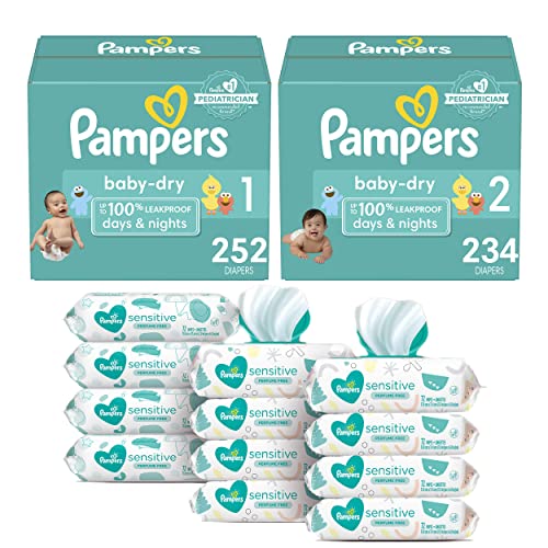 Image of Pampers Baby Diapers and Wipes Starter Kit (2 Month Supply) - Baby Dry Disposable Baby Diapers Sizes 1 (252 Count) & 2, (234 Count) with Sensitive Water Based Baby Wipes, 12X Pop-Top Packs, 864 Count