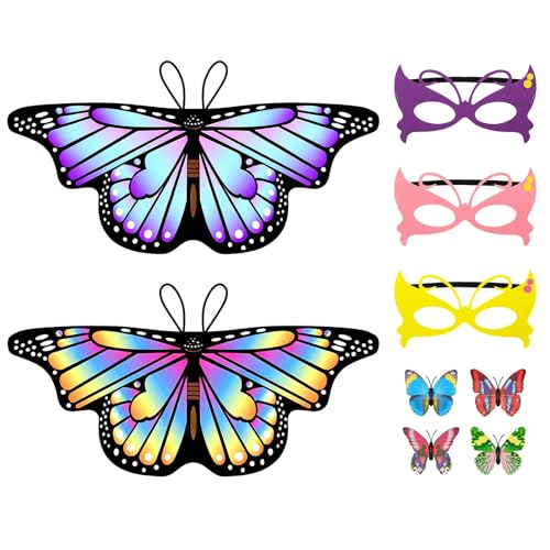 Aomig Kids Butterfly Wings Costume 9Pcs Butterfly Fairy Costume with Rainbow Butterfly Shawl Wings Headband and Eye Mask Butterfly Cape Wings Fancy Dress for Christmas Halloween Party Cosplay