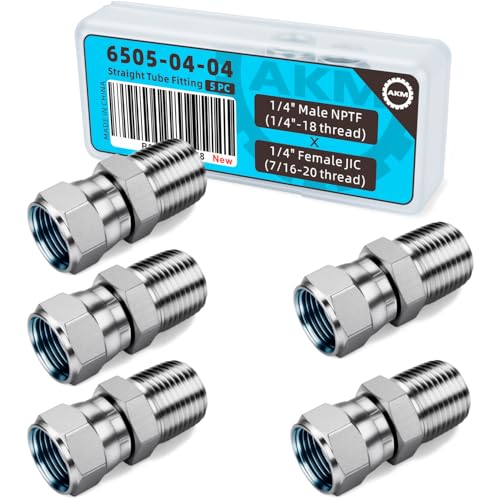 Image of Straight Hydraulic Hose Adapter Fittings, 6505-04-04 1 /4 inch Male (1 /4 inch-18NPTF) x 1 /4 inch Female JIC 37 Swivel (7 /16 inch-20UNF) Connectors x 5 pack