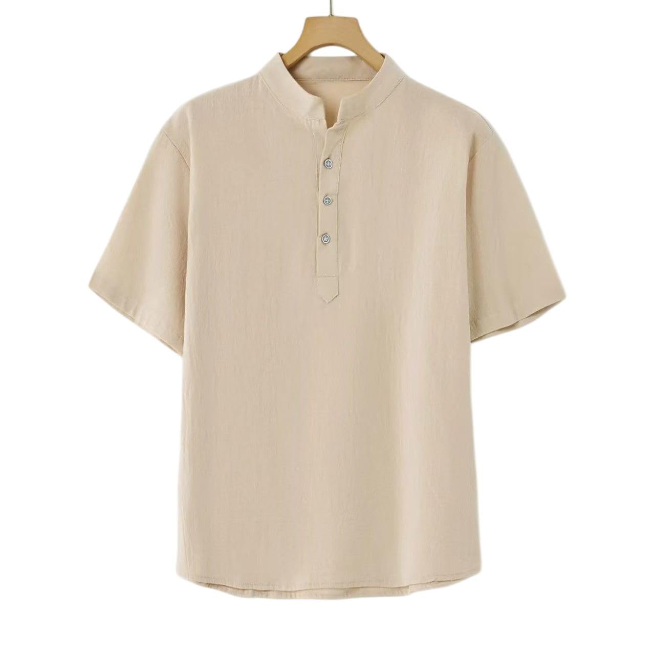 Camiseta Henley de manga corta con tres botones y mezcla de lino y algodón para hombre, resistente a las arrugas